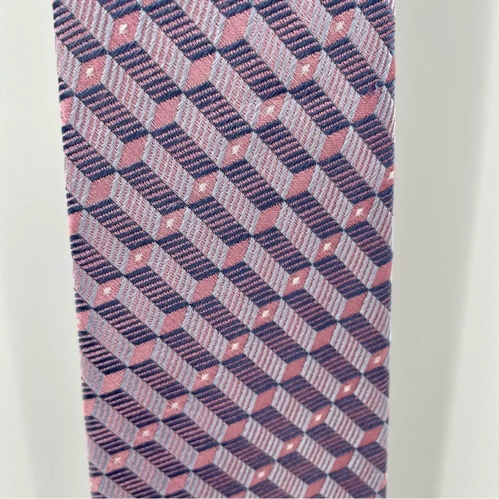 David Taylor Pink Grey White Geometric Office Business Corp Handmade Silk Tie